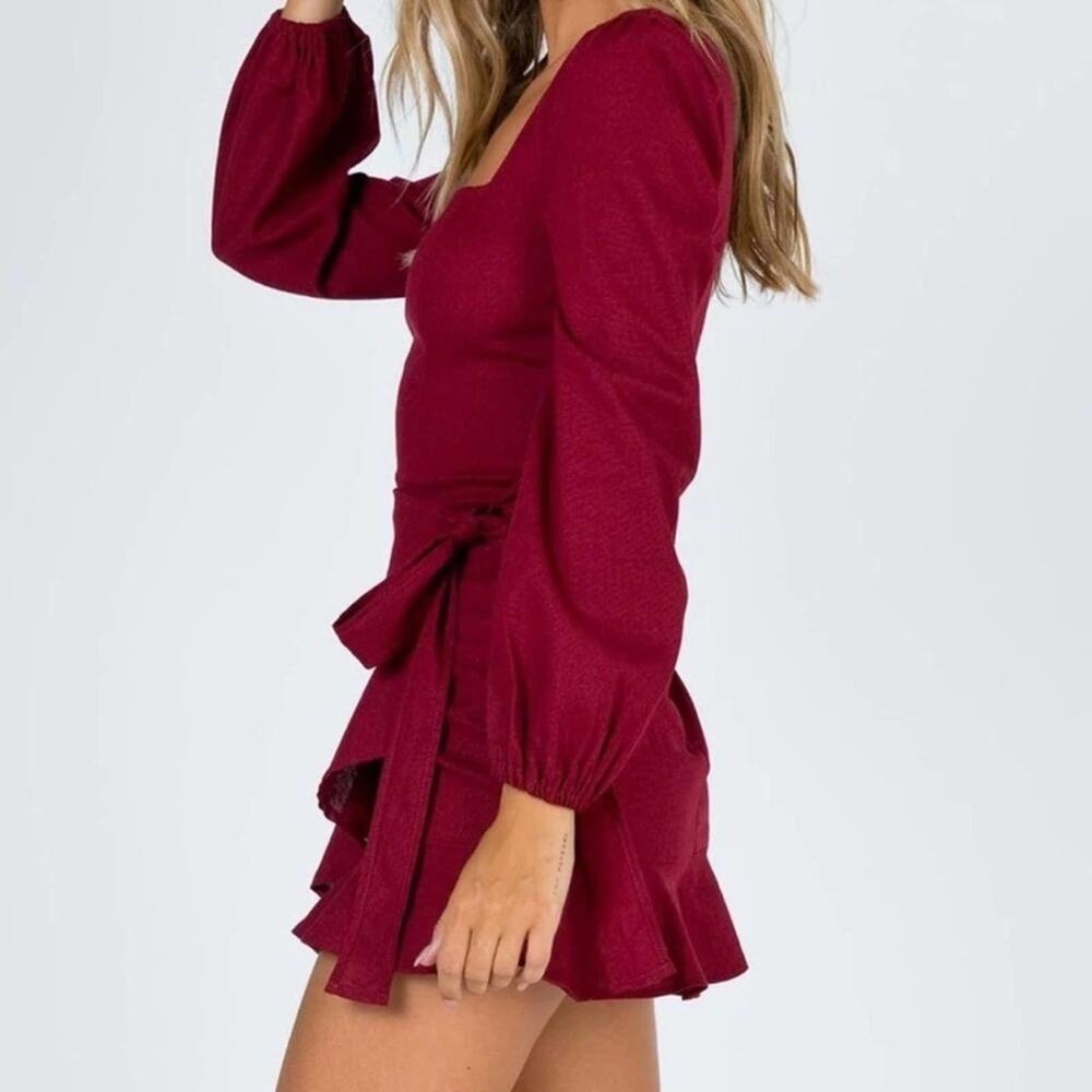 Princess Polly Maroon Linen Blend wrap Dress Size 4 - Picture 2 of 4